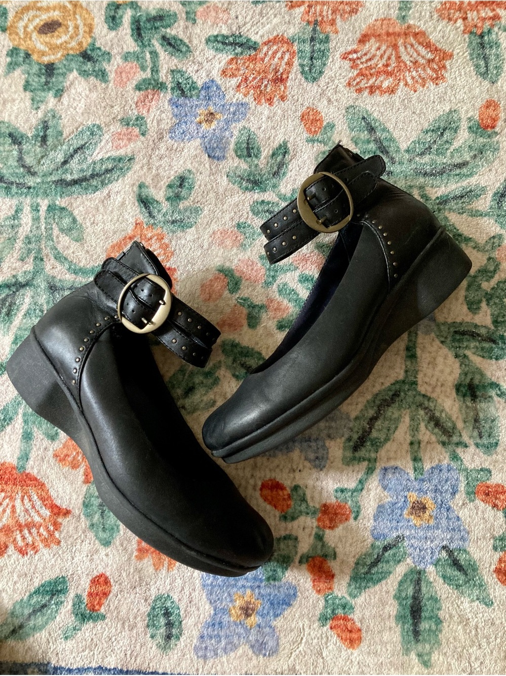 Dansko black leather ankle strap  flats with buckle and small studs 36